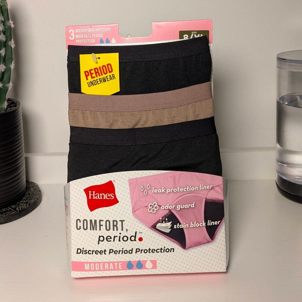 NWT Hanes Comfort Period Microfiber Hipsters 3-Pack | Size 8/XL | Moderate Prote